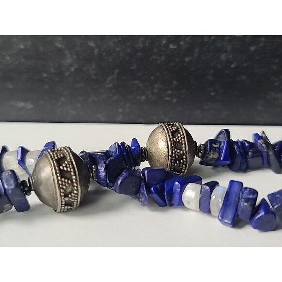 925 Sterling Silver Lapis Lazuli, Moonstone, and Silver Beaded Necklace Vintage - Picture 5 of 10